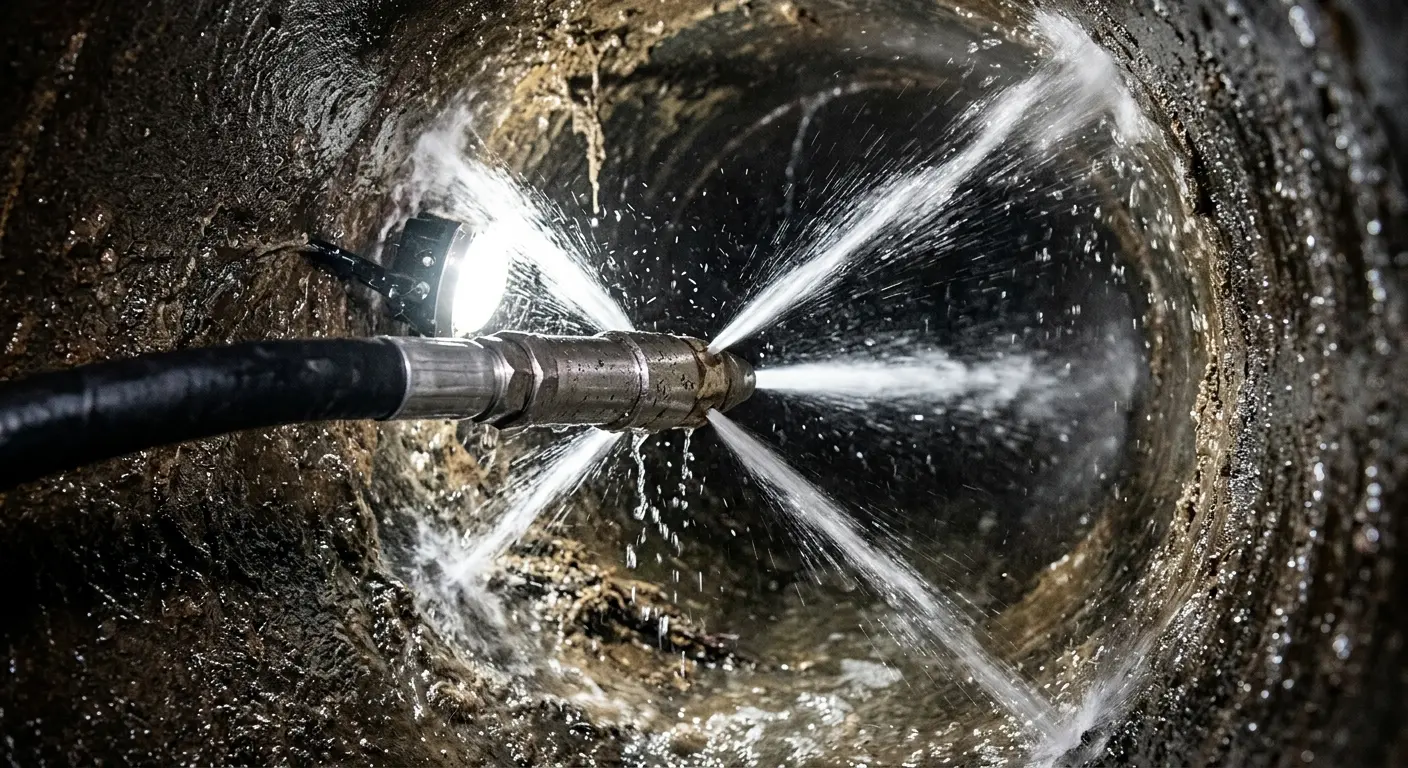 High-pressure hydro jetting nozzle cleaning sewer pipe for Trenchless Sewer Repair in Gary