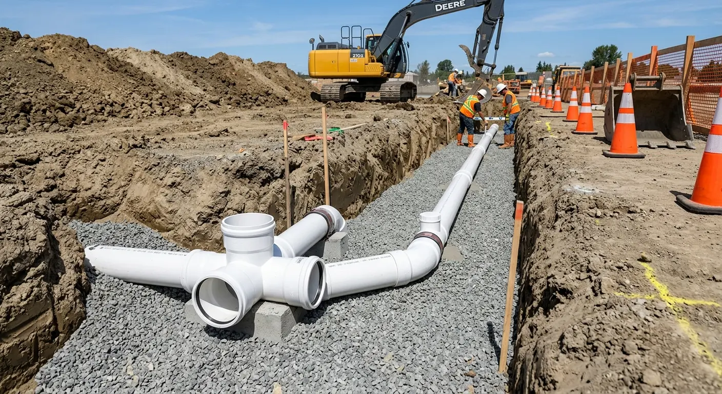 New PVC sewer pipe installation in open trench for Commercial Drain Cleaning in Gary