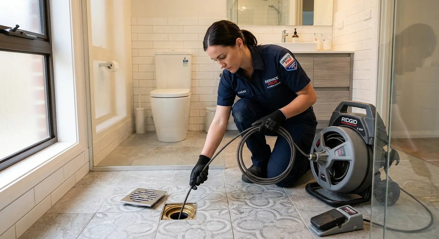 Technician clearing a bathroom floor drain for Clogged Drain Repair in Gary